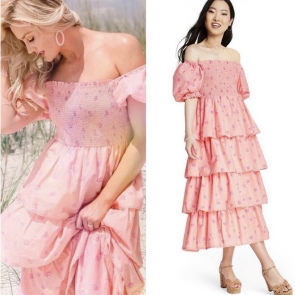 Love Shack Fancy Target Simone Dress Pink Floral Smocked Tiered Maxi Dress Sz S - Picture 3 of 9